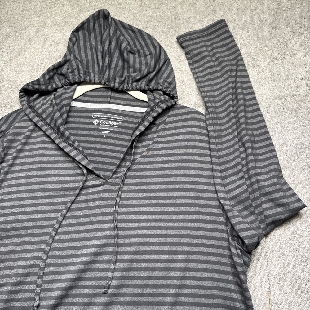 Coolibar Black Gray Striped UPF 50+ Hoodie Long Sleeve Sun Shirt Men's Large